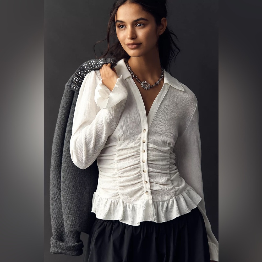 Maeve Smocked V-Neck Ruffle Top size S